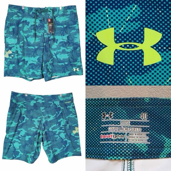Under Amour Shorts Swim Men's Blue Geometric Storm 1 Loose Size 40 HeatGear New - Picture 1 of 14